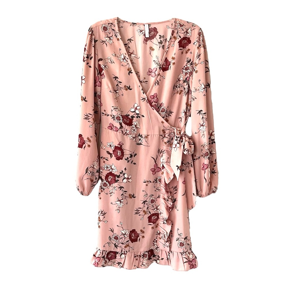 Target Xhilaration Blush Floral Faux Wrap Dress Ruffle Hem Tie Size M